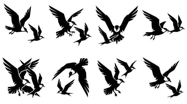 Silhouette Seagulls Flying Together Over Water, Dynamic Motion, Isolated Black Icons