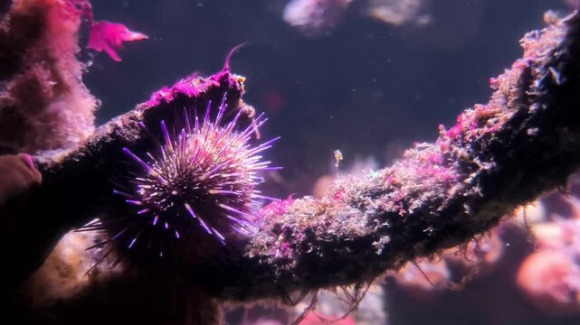 Close up of a spiny purple sea urchin echinoderm in a colorful coral reef habitat