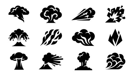 Explosion and Smoke Icons Set: Blast, Fireball, Volcano, Energy Burst, Smoke Cloud © varla