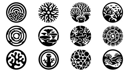 Set of Circular Coral Reef Icons and Silhouettes with Marine Life © varla