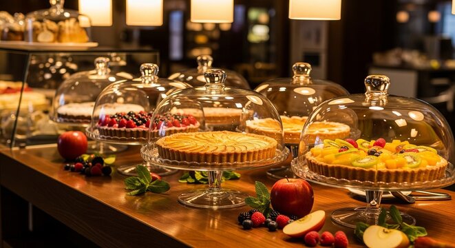 A cozy restaurant or cafe dessert table buffet with various fruit pies, tarts, and cakes under glass lids, decorated with fresh apples and berries.