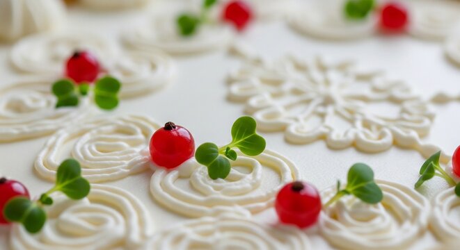 Festive white cream frosting decoration on a cake with red berries and small green leaves.