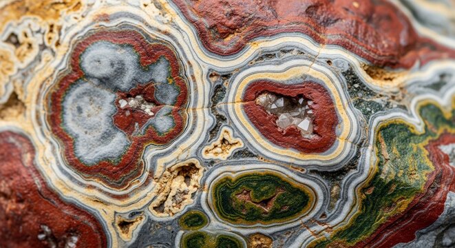 A detailed macro photograph of the vibrant, swirling patterns found inside a polished Crazy Lace Agate stone, showing layers of red, grey, white, and green