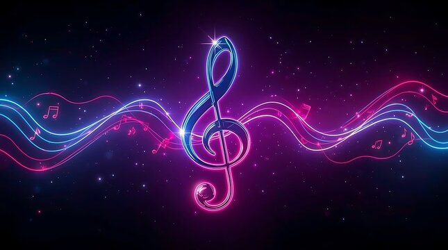 Vibrant neon treble clef and musical notes flow across a starry night sky