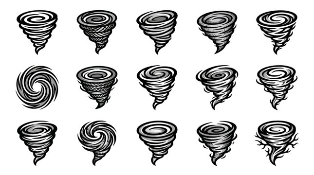 Diverse tornado and whirlwind weather icon collection.
