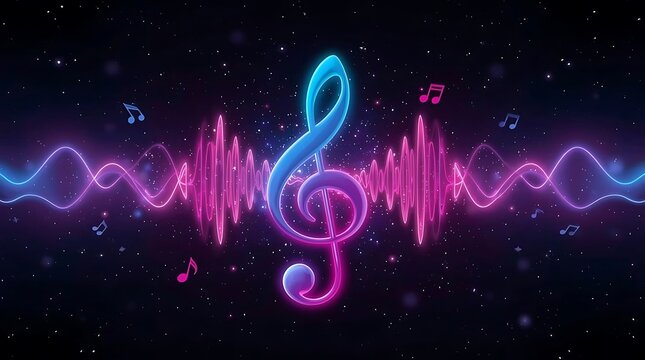 Vibrant neon treble clef and sound waves pulse with cosmic stardust and musical notes