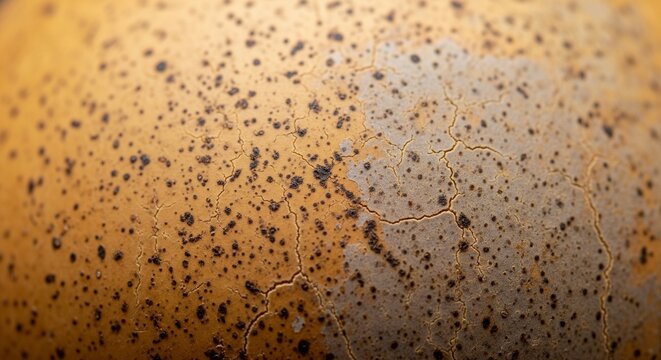 Extreme close-up of a textured, yellow-gold organic surface covered in dark brown spots and fine cracked lines, resembling a bird's eggshell or a ceramic glaze