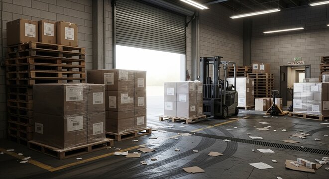 Messy logistics warehouse interior with scattered debris on the floor, stacks of cardboard boxes on wooden pallets, and a forklift parked near an open rolling shutter door