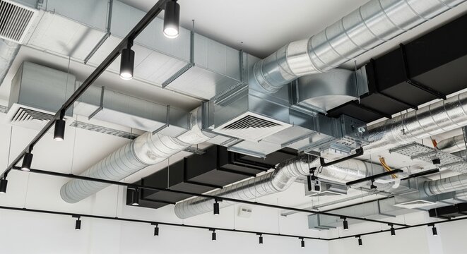 Close-up view of an open-plenum ceiling in a modern building showing silver galvanized air ducts, black pipes, and bright track spotlight fixtures against a white ceiling