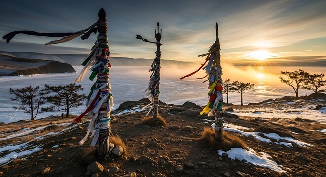 Scenic Mountain Landscape with Prayer Flags at Sunset.