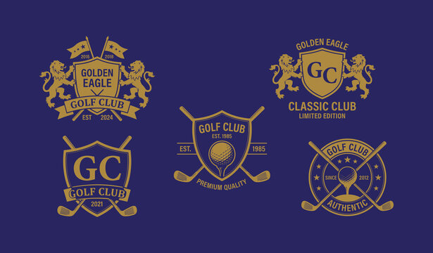 Vintage golden golf club badges, luxury heraldic emblem templates with lions, shields, crossed clubs, balls for tournament logo design