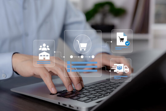 Ecommerce fulfillment concept with customer, warehouse, order confirmation and delivery icons on virtual interface, representing order processing and logistics workflow.