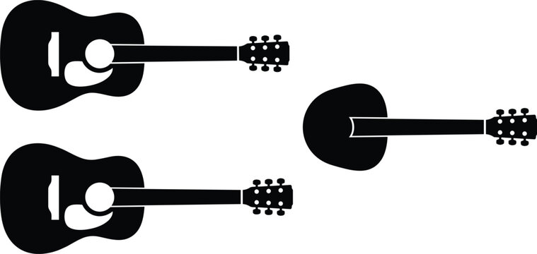 Acoustic guitar silhouettes, musical instrument icons, folk music symbols, classic guitar badges, stringed instrument design elements, isolated audio concept