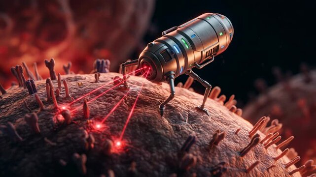 Nanobot scanning cell surface with laser beam. Microscopic medical machine for medicine treatment. Technological healthcare innovation for biological research study.