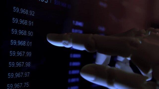 Cinematic close-up of a humanoid robot hand analyzing digital data from a computer monitor. Low depth of field, moody low-light dark office setting. Perfect for AI and future technology .