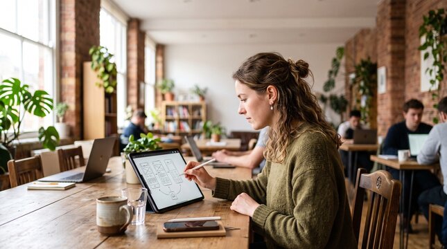 Young woman designer sketching website wireframes on tablet in a bright coworking space with plants