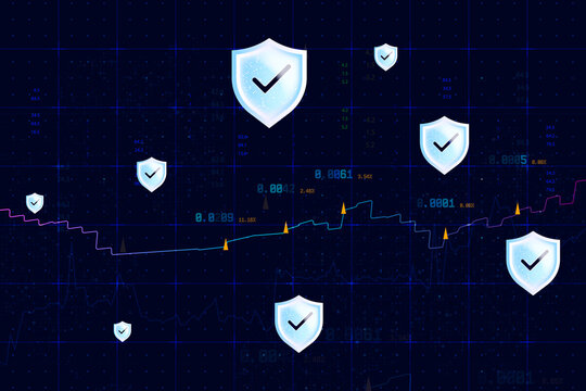 Cybersecurity shields with check marks over financial data and market analytics dashboard. Digital protection, secure transactions, fintech and network security for banking and business.