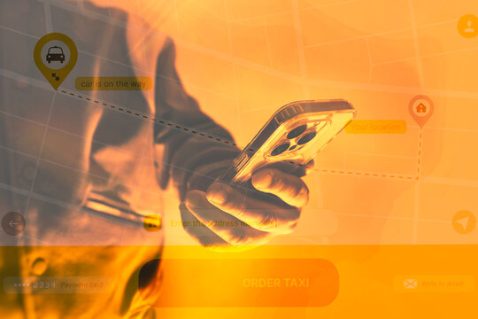 Person using smartphone with ride hailing app interface and GPS navigation overlay. Mobile transportation, taxi booking, location tracking, digital maps and smart mobility for travel and technology.