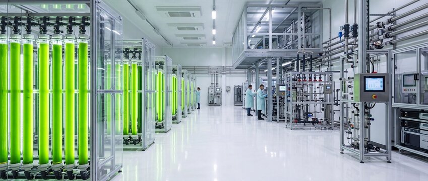 Industrial microalgae cultivation facility with green photobioreactors in sterile laboratory setting for sustainable biofuel production