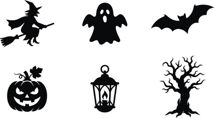 Fototapeta premium Halloween silhouettes witch ghost bat pumpkin lantern and spooky tree graphics
