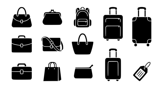 Fashion bag icon collection with handbags purses backpacks and luggage vector symbols