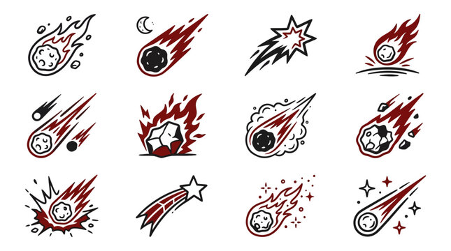 Flaming space rocks and comet icon collection.
