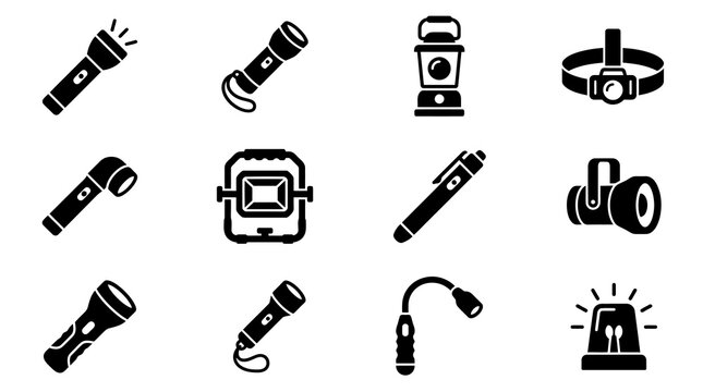 Flashlight and portable lighting vector silhouette icons.