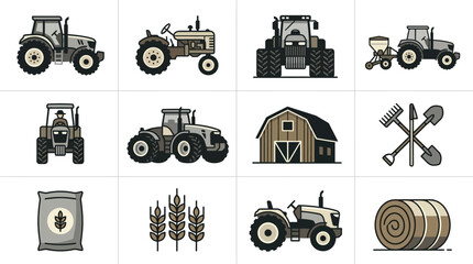 Farm equipment, grain crops, and barn icon collection © Rahmat