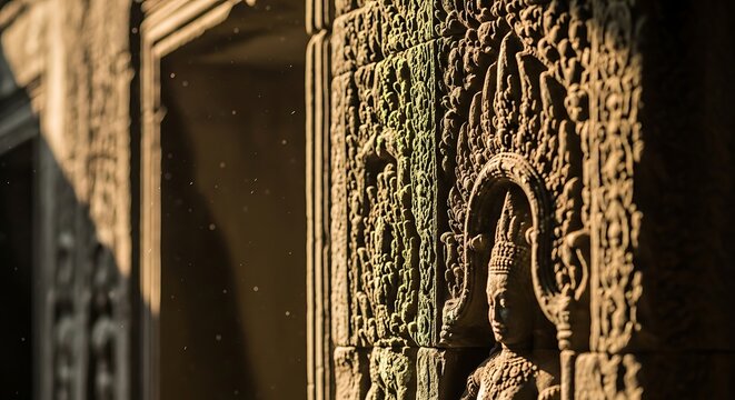 Ancient Doorway with Ornate Carvings and Metal Handle in Historic Building.