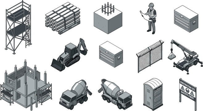 Isometric construction site element set with concrete mixer truck crane builder bulldozer scaffolding building under development infrastructure monochrome machinery architecture vectors