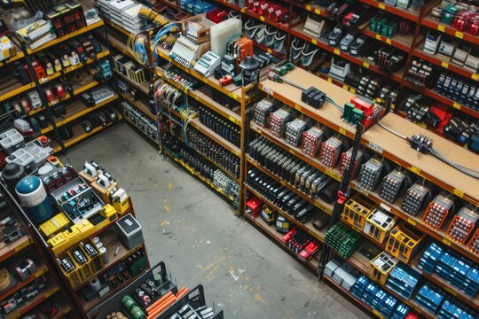 A well-stocked hardware store with shelves full of tools, parts, and supplies.