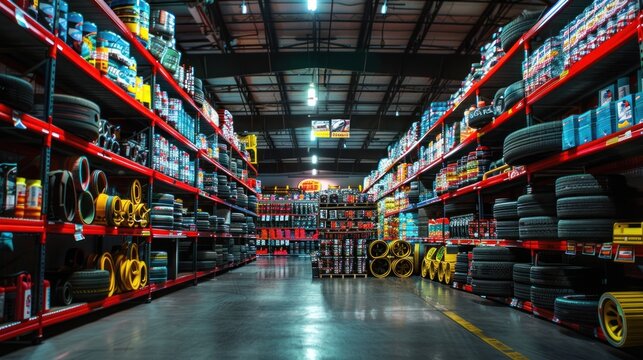 A wide shot of a well-stocked auto parts store with shelves filled with tires, fluids, and other automotive supplies.