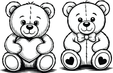 Obraz premium Cute teddy bear coloring page vectors with love hearts and bow tie line art