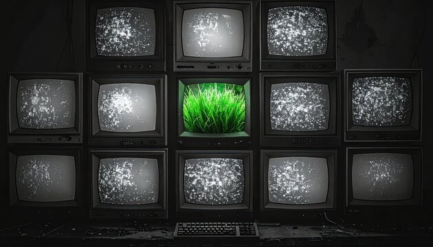 Historic Wall of Static Television Screens with Green Grass Accent Glitch Art.