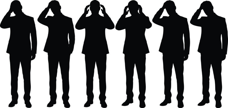 Black silhouettes of businessman in formal suit standing in different worried poses holding head