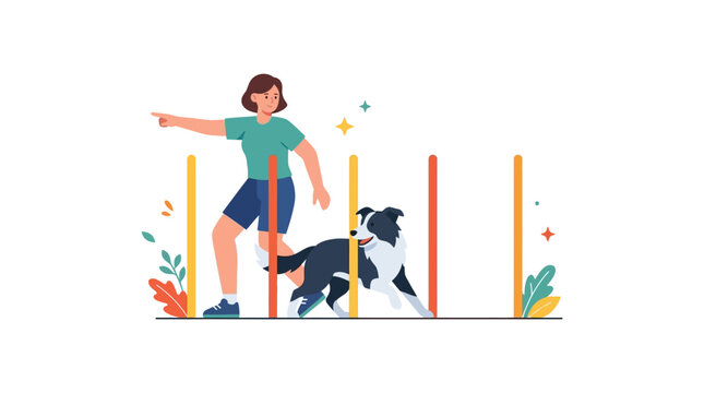 Woman training dog agility course, border collie jumping through poles, outdoor activity