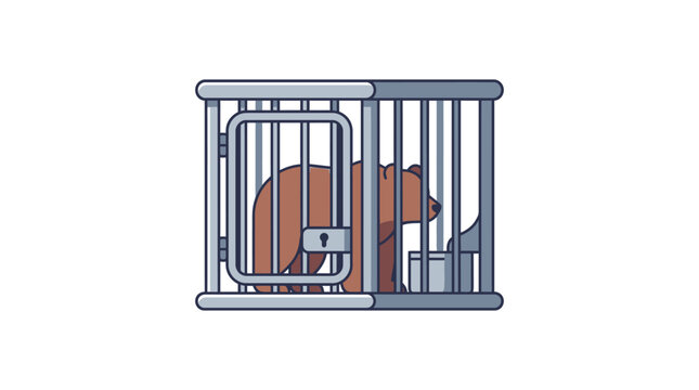 Brown bear trapped in metal cage, concept of animal captivity, wildlife conservation