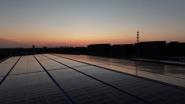Roof-mounted solar panels reflecting sunset glow in an urban industrial landscape