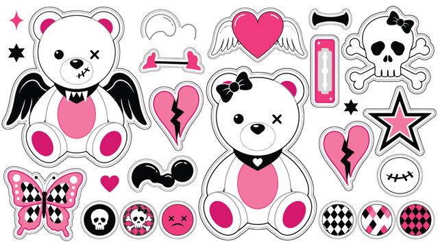 2000s Emo Girl Stickers Featuring Kawaii Y2K and 90s Glamour Aesthetic in Bright Pink and Black Vector Illustration
