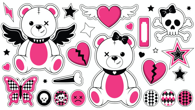 2000s Emo Girl Stickers Featuring Kawaii Y2K and 90s Glamour Aesthetic in Bright Pink and Black Vector Illustration

