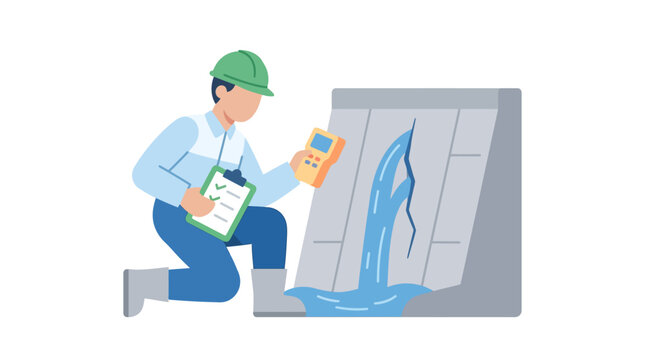 Engineer inspecting dam for leaks, safety check, water resource management