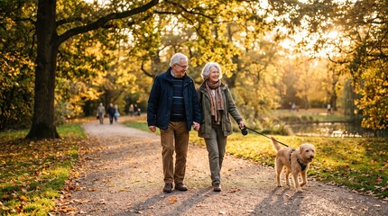 Fototapeta premium Elderly couple holding hands walking their dog in a park during autumn with golden sunlight
