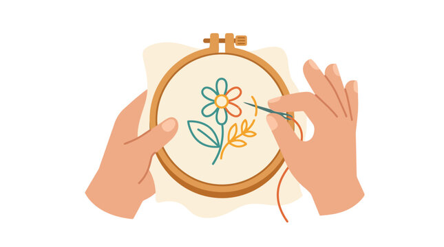 Hands embroidering a flower on fabric hoop, creative hobby, DIY craft, needlework illustration