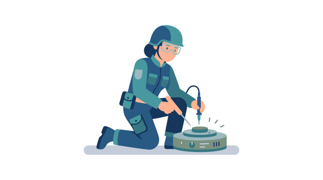 Female soldier disarming landmine, military technician, safety, danger, defense, bomb disposal