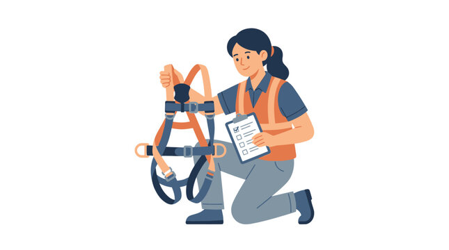 Worker Inspecting Safety Harness with Checklist, Industrial Safety Concept