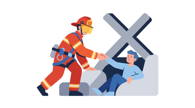 Firefighter Helping Person in Distress, Rescue Concept, Safety First