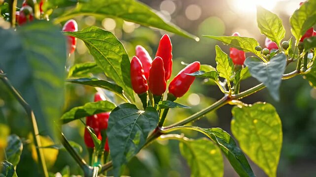 Small red chili peppers ripening on green garden plant.