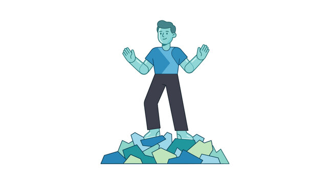 Man Standing on Pile of Rocks, Success Concept, Minimalist Cartoon Style