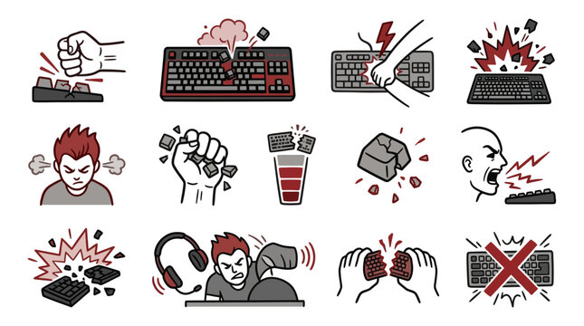 Frustrated gamer icons with broken keyboard illustrations.