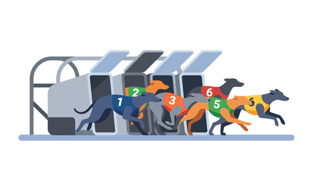 Greyhound dogs race start, numbered vests, gates opening, motion blur